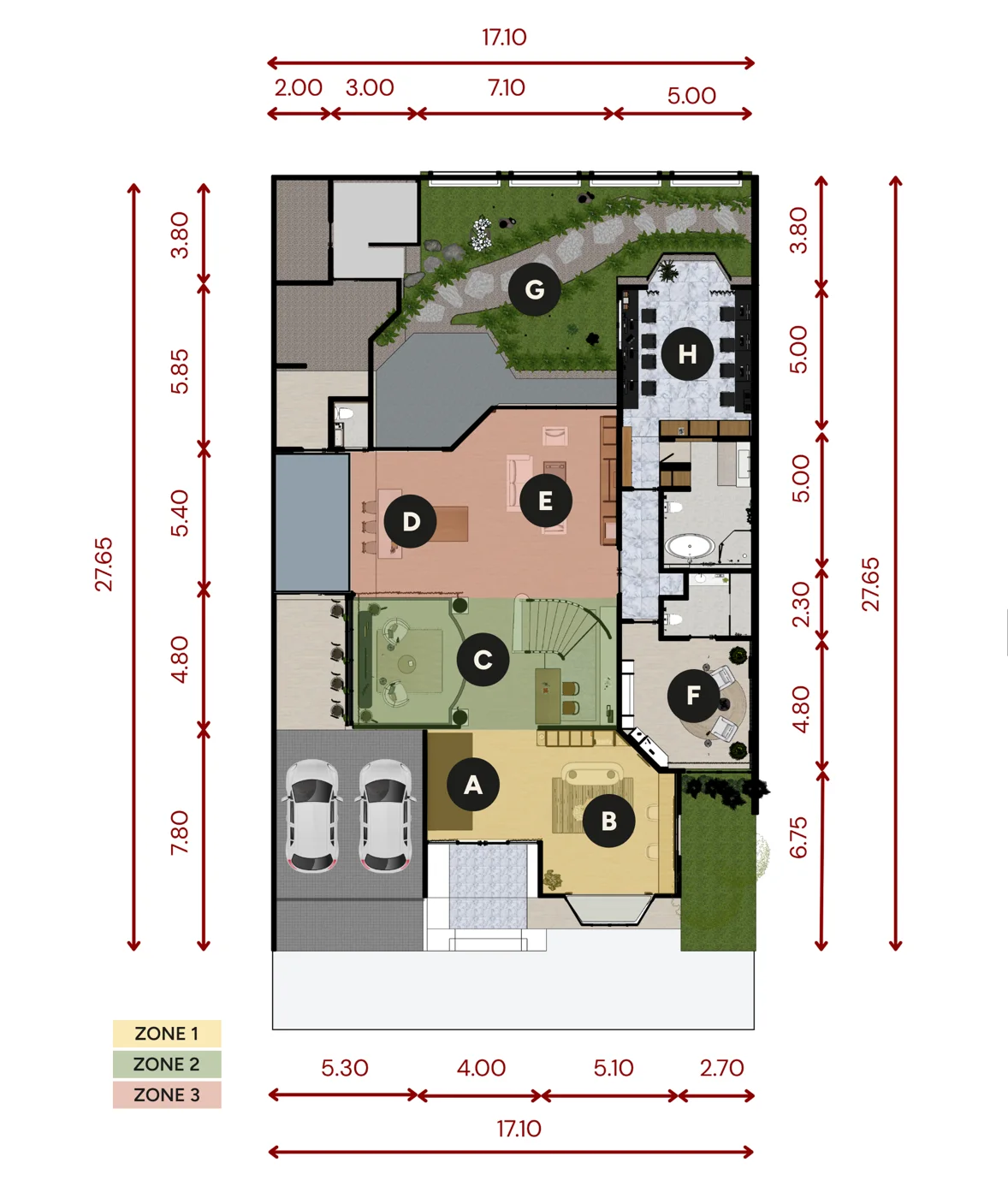 Floor plan of Rhumb Studio with the sets and three zones marked