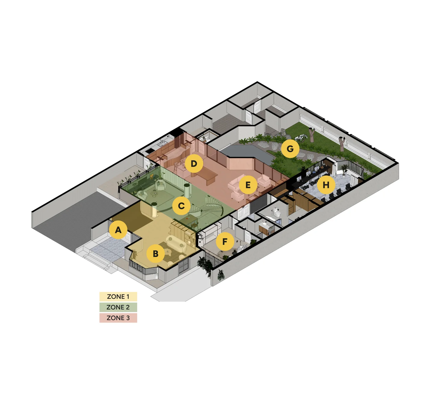 3D view of Rhumb Studio showing the three zones